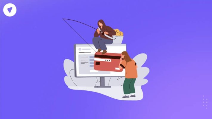 The image depicts a ccspayment scam, showing cybercriminals engaging in online fraud. One scammer is phishing with a fishing rod, symbolizing data theft, while another is stealing credit card information from a large screen. This visual represents fraudulent activities related to online payment scams and identity theft.