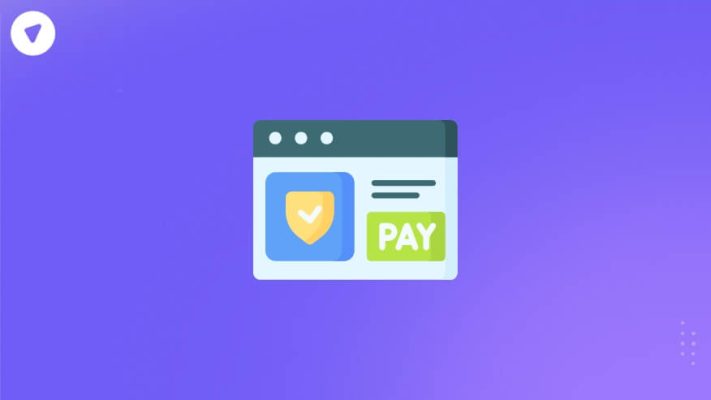 An illustration of a secure web gateway with a shield icon and a payment button, symbolizing safe online transactions and web security protection.