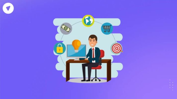 An illustration of a business professional at a desk, surrounded by icons representing security, global access, and online commerce, symbolizing the VPN reselling business model.