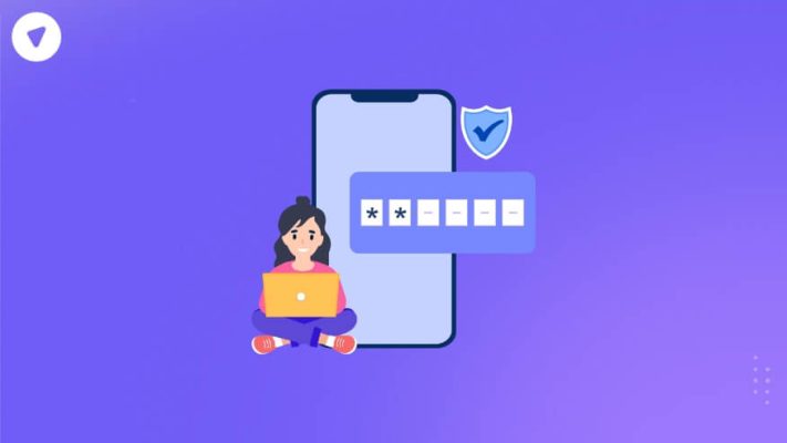 Illustration of a woman using a laptop next to a smartphone displaying a password input field, representing the password authentication protocol (PAP) process.