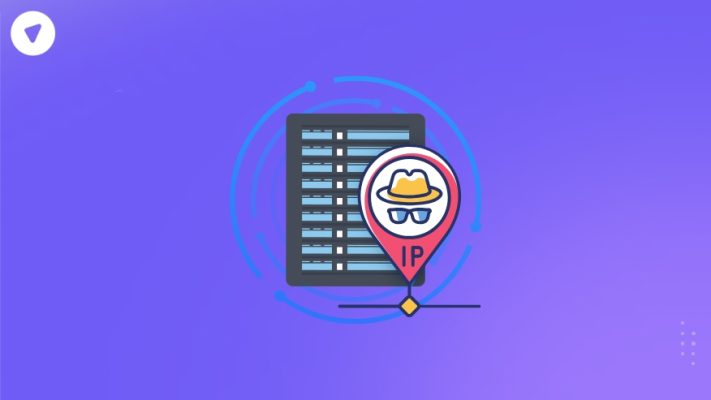 Illustration of a server with a location pin icon displaying a hidden identity symbol, representing the concept of using a fake IP for online privacy.