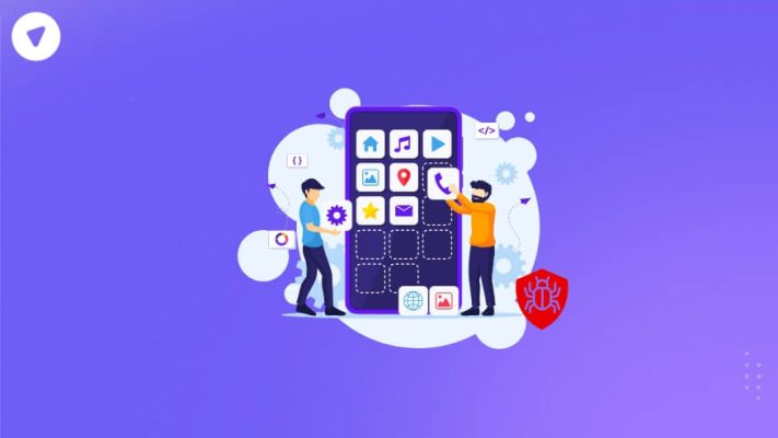 Illustration of people managing apps on a mobile device, with a malware icon, representing a list of crapware that could slow down business computers.