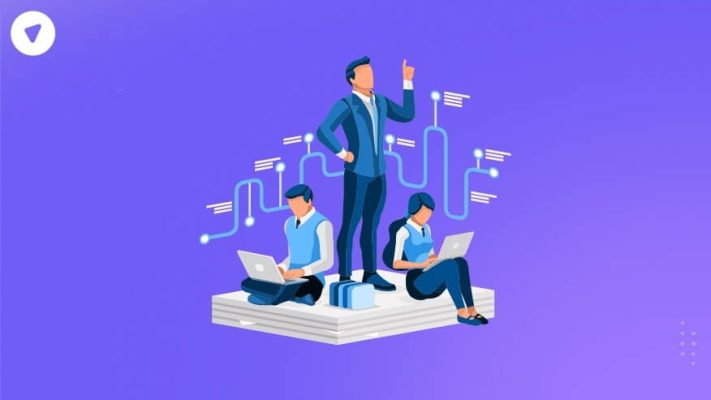 Illustration of three business professionals working on laptops with data analytics graphics in the background, representing MSSP resellers collaborating on cybersecurity solutions.