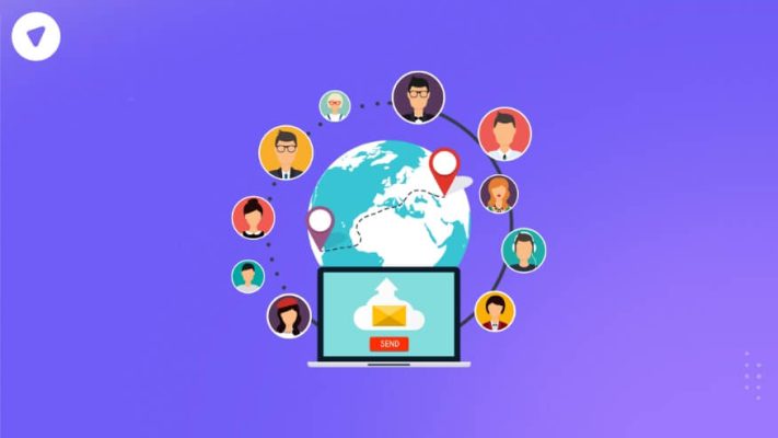 with connected user icons and a laptop showing an email send button, representing how to analyze email traffic for sensitive data.