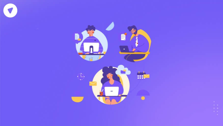 Illustration of remote employees working on laptops and sharing files securely, representing how to Share Files and Ensure Data Protection for remote employees.