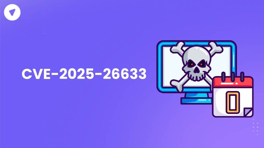 Illustration showing CVE-2025-26633, with a skull on a computer monitor symbolizing a cybersecurity vulnerability, and a calendar icon on a purple gradient background.
