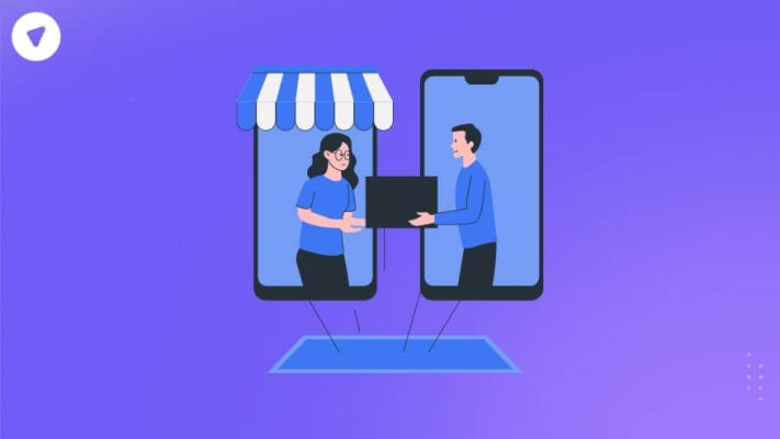 Illustration of a VPN reseller dashboard concept, depicting an online store owner handing a package to a customer through mobile devices, symbolizing digital transactions.