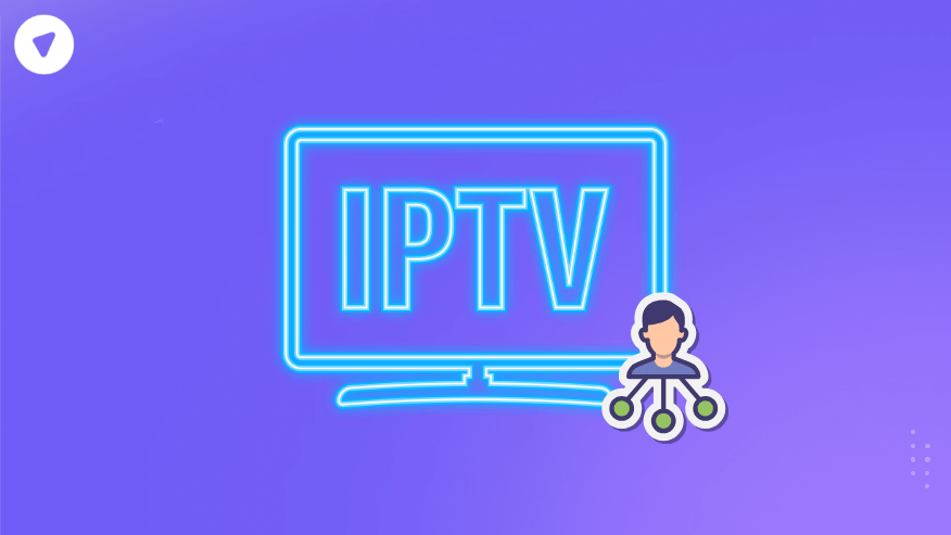 Illustration of a TV screen with the word "IPTV" and a user network icon, representing the concept of IPTV Reselling on a purple background.