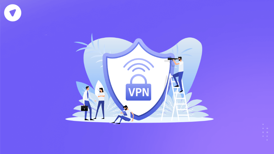 Illustration of a VPN shield symbol with people working around it, representing security and protection, ideal for a VPN reseller business concept.