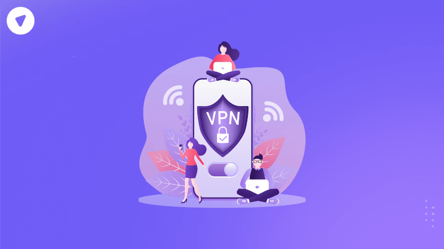 Illustration of people using laptops around a large mobile device with a VPN shield icon, representing secure internet connection and firewall port mapping for safe online browsing.